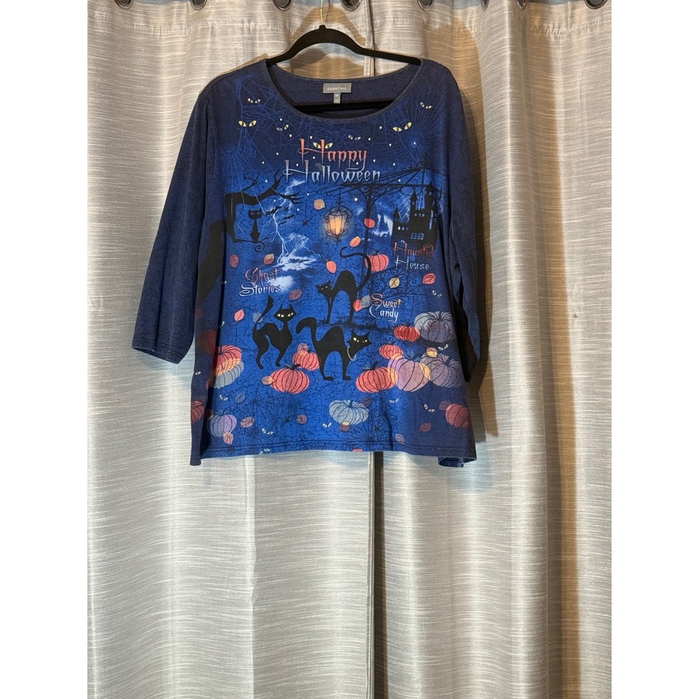 Essentials Womens 2X Blue Happy Halloween Black Cat Pumpkin 3/4 Sleeve Top
